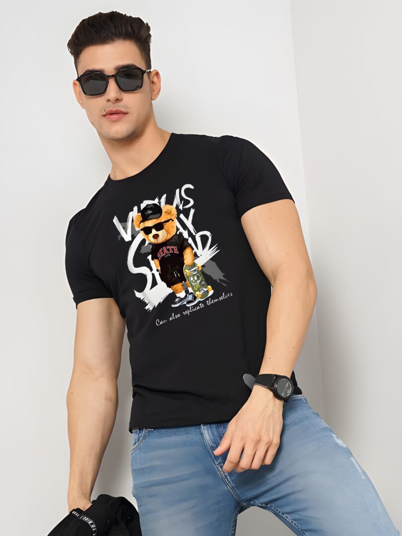 Black Graphic Print Cotton Regular T-Shirt for Men Casual Wear by Just Casual