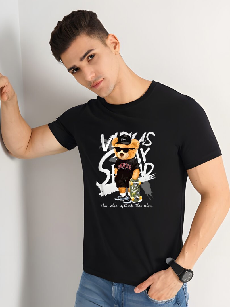 Black Graphic Print Cotton Regular T-Shirt for Men Casual Wear by Just Casual - Image 3